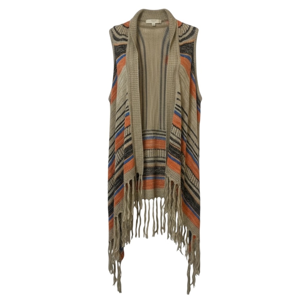 Umgee Cardigan Sweater Vest S/M Beige Striped Fringe Boho Open-Front Sleeveless
